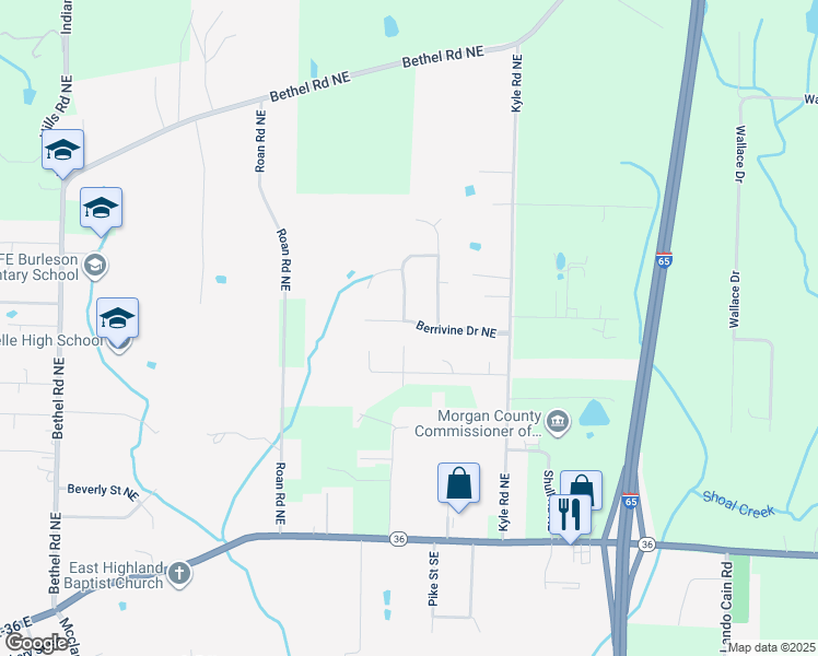 map of restaurants, bars, coffee shops, grocery stores, and more near 1406 Berrivine Drive Northeast in Hartselle