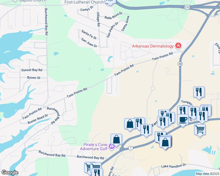 map of restaurants, bars, coffee shops, grocery stores, and more near 122 Rockyreef Circle in Hot Springs