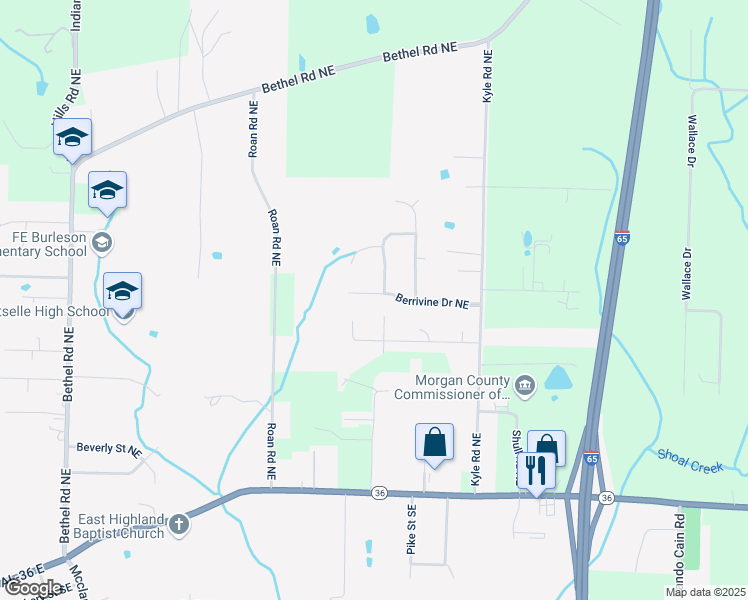map of restaurants, bars, coffee shops, grocery stores, and more near 1406 Berrivine Drive Northeast in Hartselle