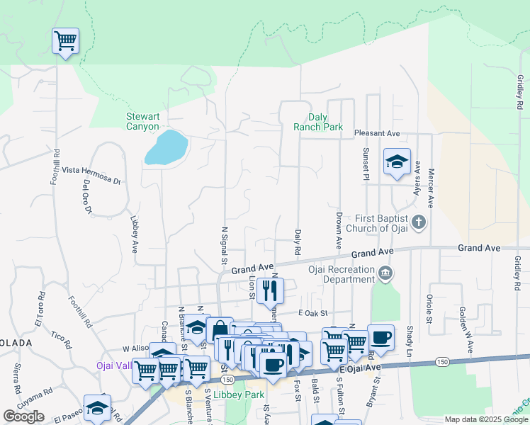 map of restaurants, bars, coffee shops, grocery stores, and more near 811 North Montgomery Street in Ojai