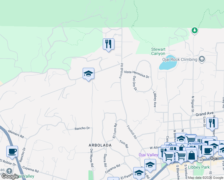 map of restaurants, bars, coffee shops, grocery stores, and more near 918 Palomar Road in Ojai