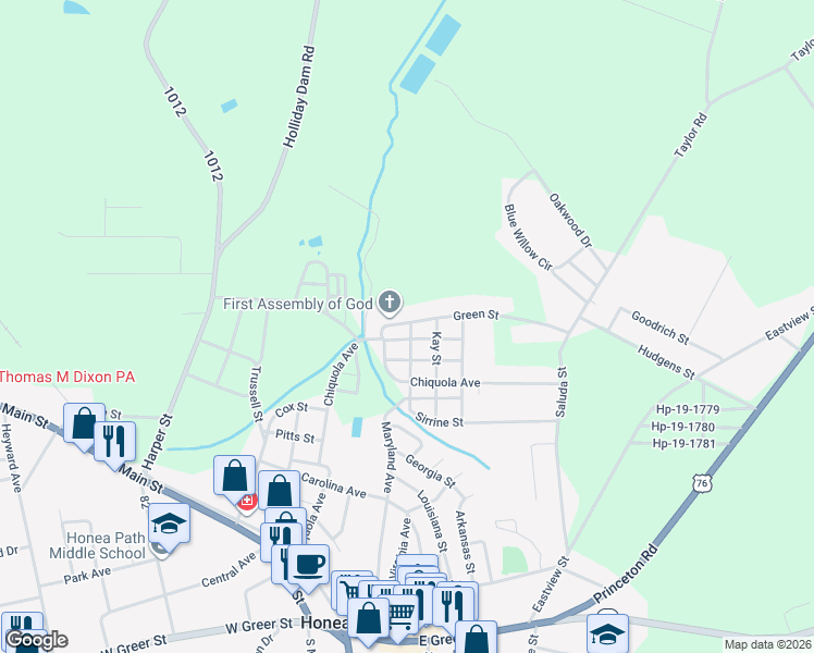 map of restaurants, bars, coffee shops, grocery stores, and more near 11 Green Street in Honea Path