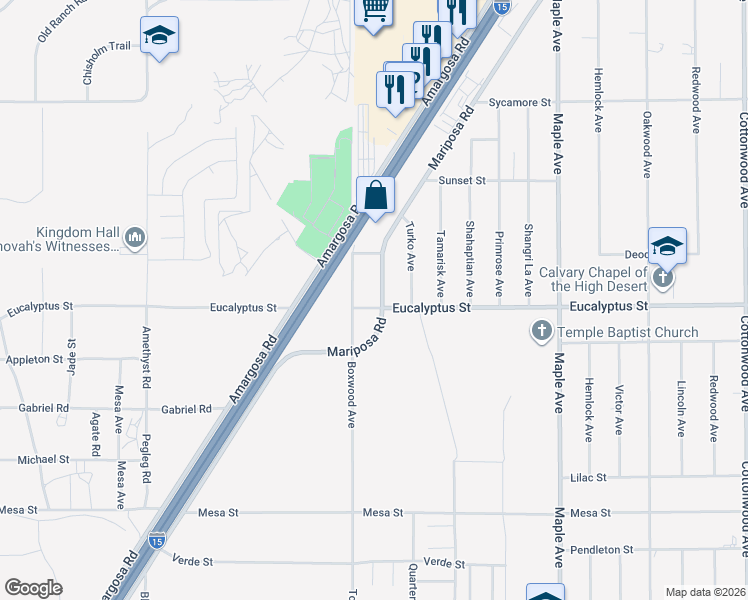 map of restaurants, bars, coffee shops, grocery stores, and more near 11355 Mariposa Road in Hesperia