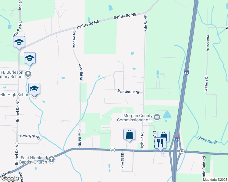 map of restaurants, bars, coffee shops, grocery stores, and more near 1406 Berrivine Drive Northeast in Hartselle