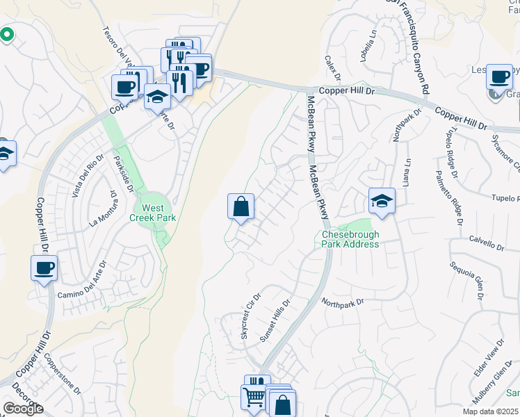 map of restaurants, bars, coffee shops, grocery stores, and more near 23806 Teak Court in Santa Clarita