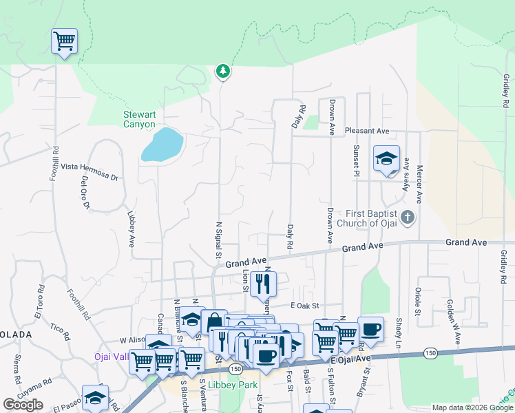 map of restaurants, bars, coffee shops, grocery stores, and more near 811 North Montgomery Street in Ojai