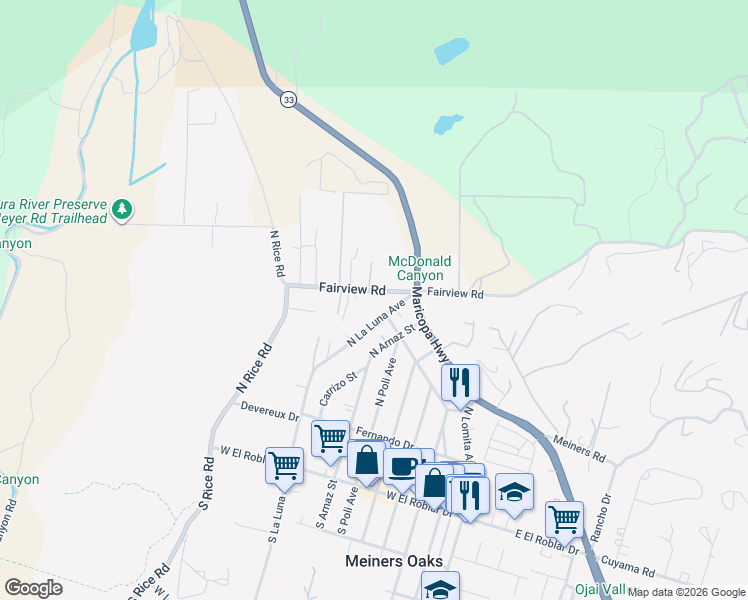 map of restaurants, bars, coffee shops, grocery stores, and more near 855 Fairview Road in Ojai
