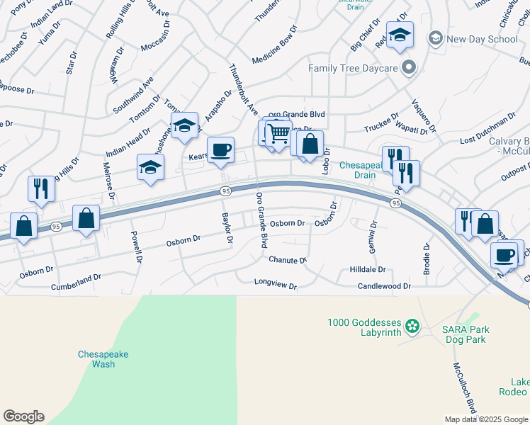 map of restaurants, bars, coffee shops, grocery stores, and more near 3192 Oro Grande Boulevard in Lake Havasu City