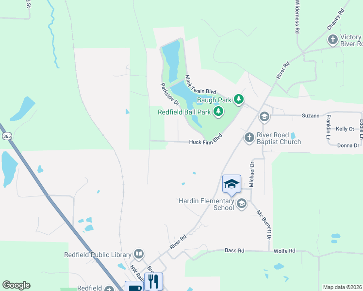map of restaurants, bars, coffee shops, grocery stores, and more near 1007 Huck Finn Boulevard in Redfield