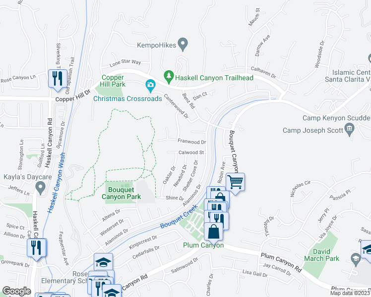 map of restaurants, bars, coffee shops, grocery stores, and more near 20827 Calwood Street in Santa Clarita