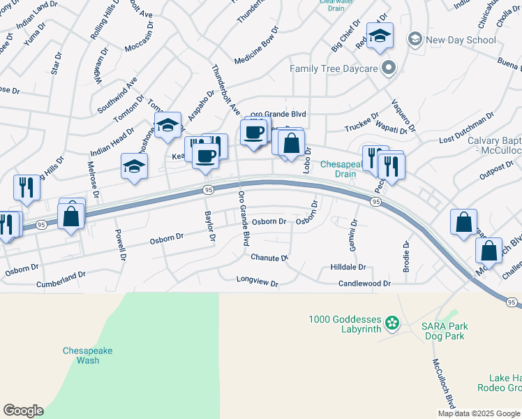 map of restaurants, bars, coffee shops, grocery stores, and more near 3192 Oro Grande Boulevard in Lake Havasu City