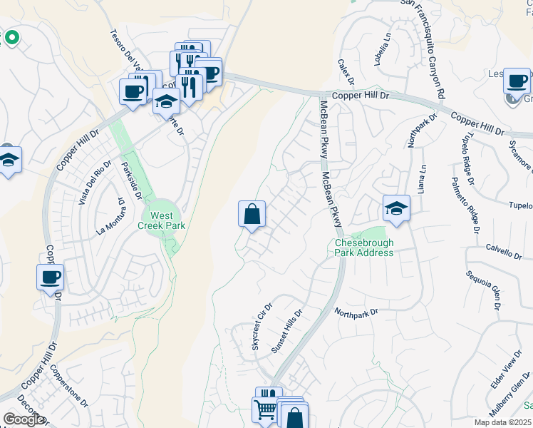map of restaurants, bars, coffee shops, grocery stores, and more near 23826 Teak Court in Santa Clarita