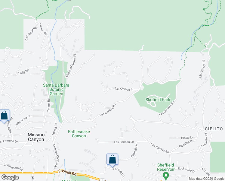 map of restaurants, bars, coffee shops, grocery stores, and more near 724 Las Canoas Place in Santa Barbara