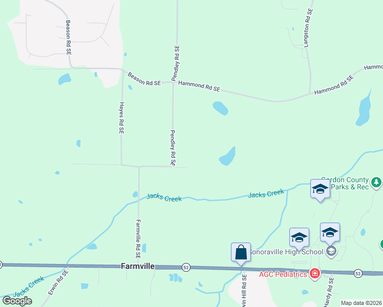 map of restaurants, bars, coffee shops, grocery stores, and more near 676 Pendley Road Southeast in Calhoun