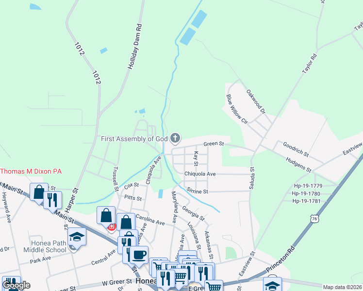 map of restaurants, bars, coffee shops, grocery stores, and more near 11 Green Street in Honea Path