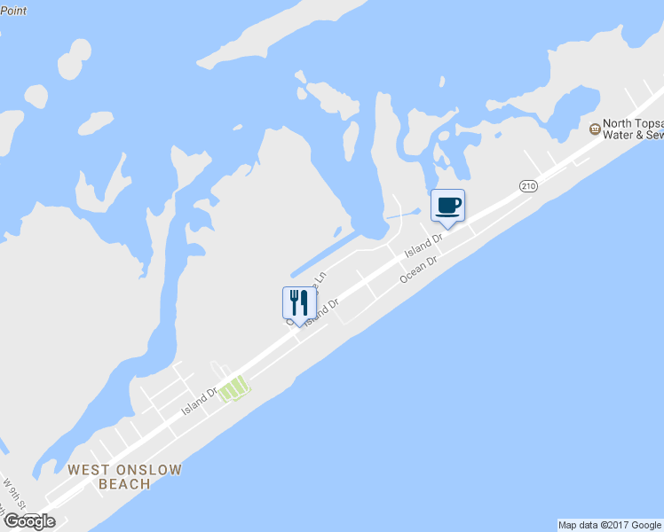 map of restaurants, bars, coffee shops, grocery stores, and more near 114 Old Village Lane in North Topsail Beach