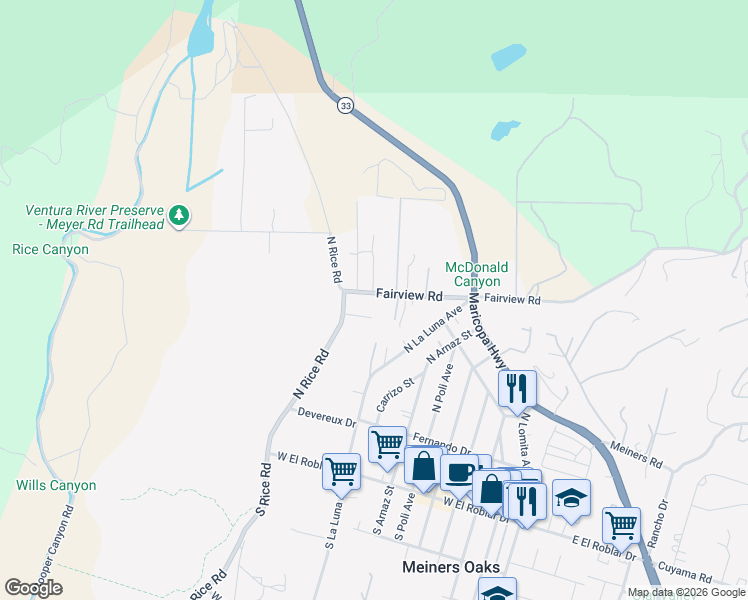 map of restaurants, bars, coffee shops, grocery stores, and more near 1010 Fairview Road in Ojai