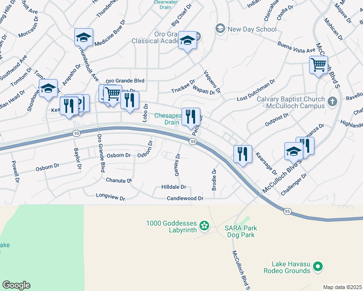 map of restaurants, bars, coffee shops, grocery stores, and more near 3360 Sweetwater Avenue in Lake Havasu City