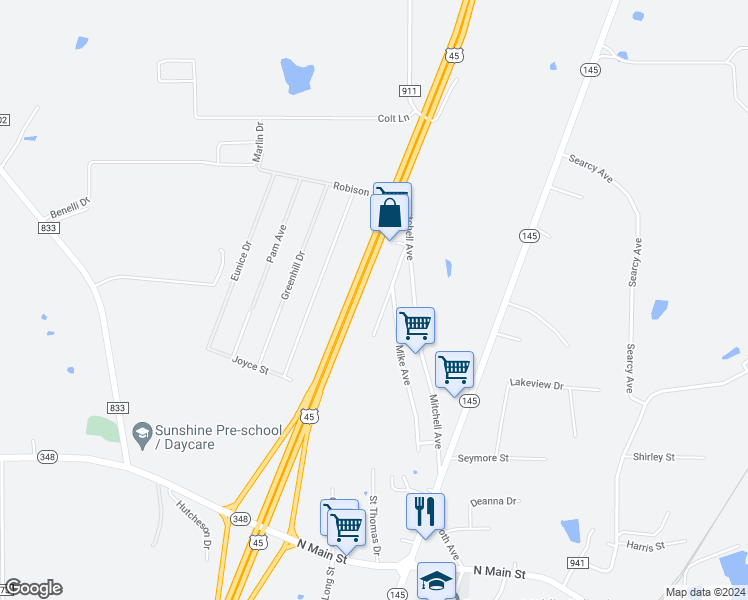 map of restaurants, bars, coffee shops, grocery stores, and more near U.S. 45 in Guntown