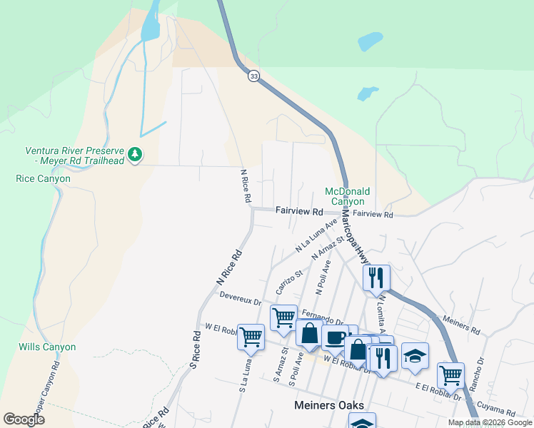 map of restaurants, bars, coffee shops, grocery stores, and more near 1042 Fairview Road in Ojai