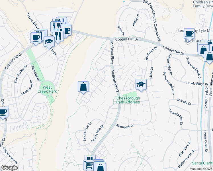 map of restaurants, bars, coffee shops, grocery stores, and more near 23706 Cottonwood Court in Santa Clarita