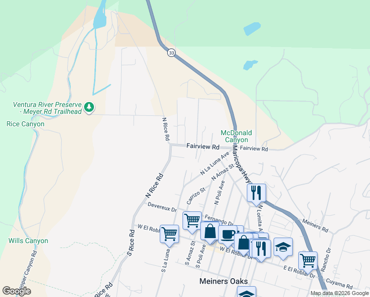 map of restaurants, bars, coffee shops, grocery stores, and more near 1010 Fairview Road in Ojai