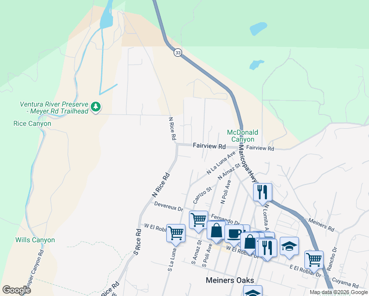 map of restaurants, bars, coffee shops, grocery stores, and more near 1042 Fairview Road in Ojai