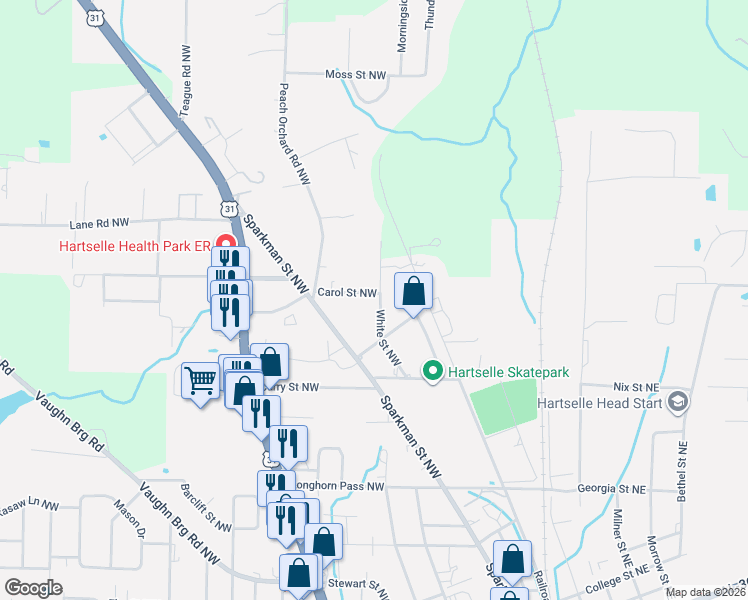 map of restaurants, bars, coffee shops, grocery stores, and more near 500 Carol Street Northwest in Hartselle