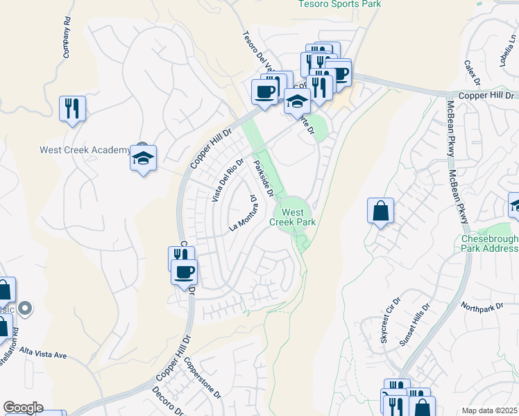 map of restaurants, bars, coffee shops, grocery stores, and more near 24302 La Montura Drive in Santa Clarita