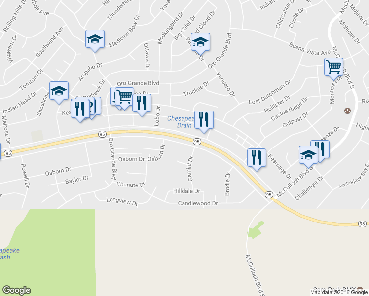 map of restaurants, bars, coffee shops, grocery stores, and more near 3360 Sweetwater Avenue in Lake Havasu City