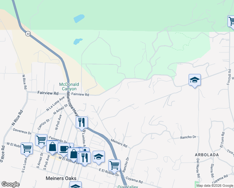 map of restaurants, bars, coffee shops, grocery stores, and more near 534 Fairview Road in Ojai