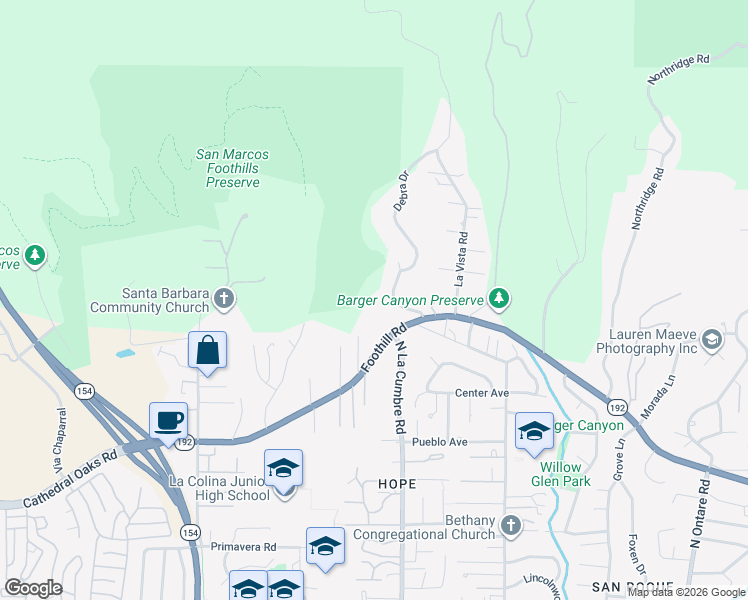 map of restaurants, bars, coffee shops, grocery stores, and more near 3919 Antone Road in Santa Barbara