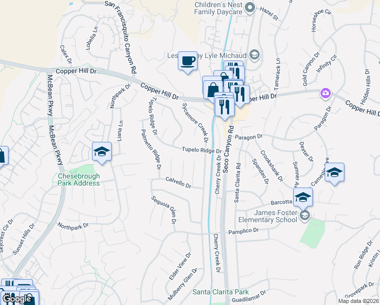 map of restaurants, bars, coffee shops, grocery stores, and more near 22924 Tupelo Ridge Drive in Santa Clarita