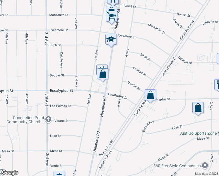 map of restaurants, bars, coffee shops, grocery stores, and more near 11305 Hesperia Road in Hesperia
