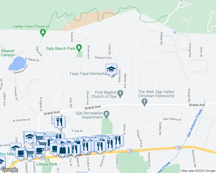 map of restaurants, bars, coffee shops, grocery stores, and more near 909 Park Road in Ojai