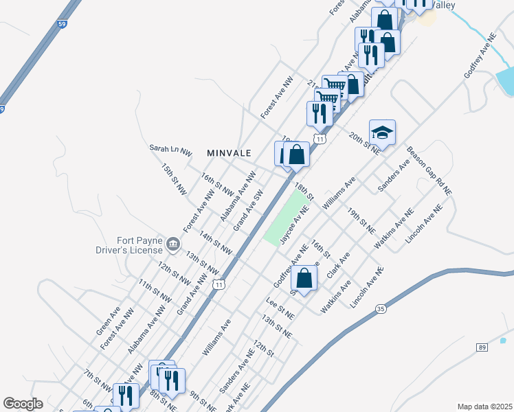 map of restaurants, bars, coffee shops, grocery stores, and more near 105 16th Street Northwest in Fort Payne