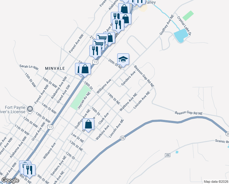 map of restaurants, bars, coffee shops, grocery stores, and more near 19 19th Street Northeast in Fort Payne