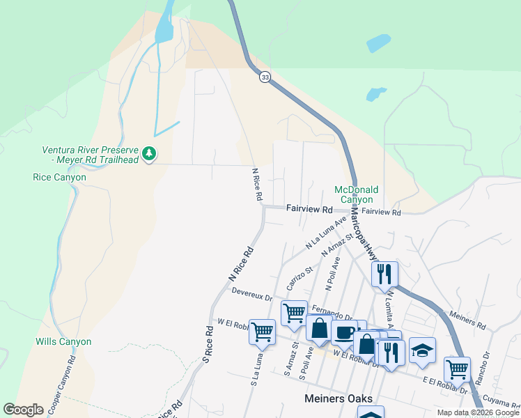 map of restaurants, bars, coffee shops, grocery stores, and more near 587 North Rice Road in Ojai