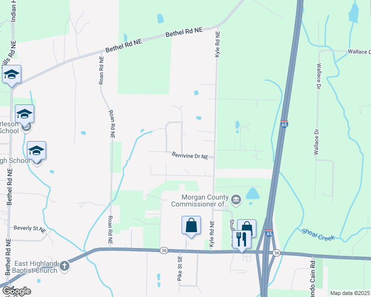 map of restaurants, bars, coffee shops, grocery stores, and more near 1102 Ridgecrest Lane Northeast in Hartselle