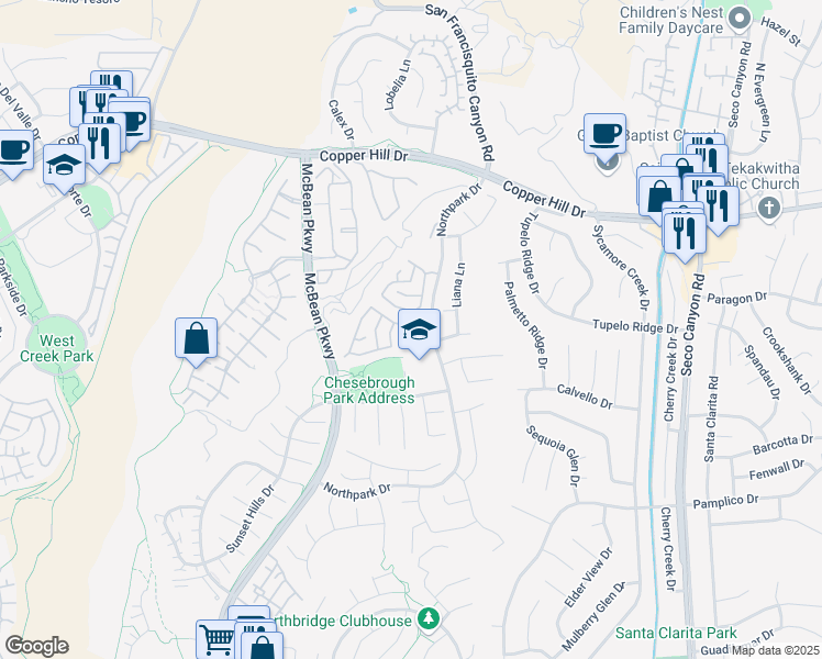 map of restaurants, bars, coffee shops, grocery stores, and more near 23328 Landmark Way in Santa Clarita