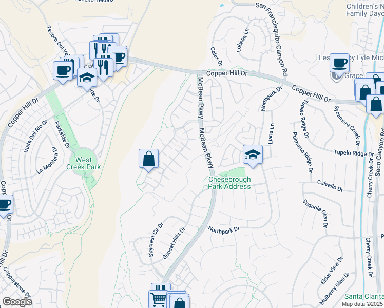 map of restaurants, bars, coffee shops, grocery stores, and more near 23715 Western Cedar Court in Santa Clarita
