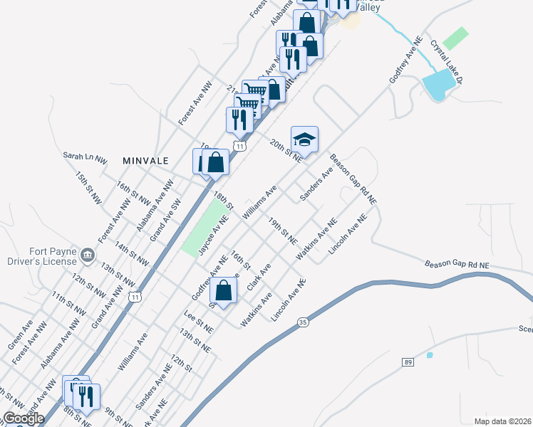 map of restaurants, bars, coffee shops, grocery stores, and more near 19 19th Street Northeast in Fort Payne