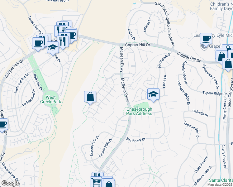 map of restaurants, bars, coffee shops, grocery stores, and more near 23715 Western Cedar Court in Santa Clarita