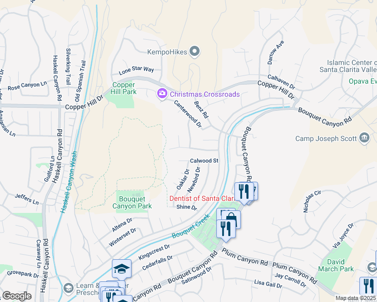 map of restaurants, bars, coffee shops, grocery stores, and more near 20922 Franwood Drive in Santa Clarita