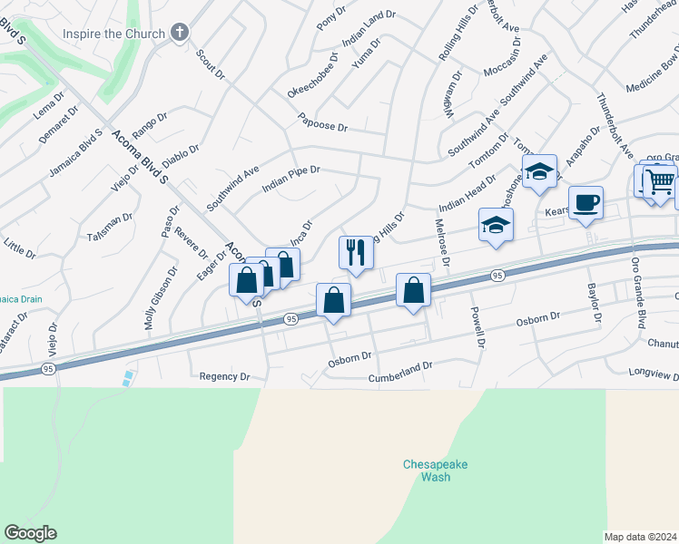 map of restaurants, bars, coffee shops, grocery stores, and more near 1145 Rolling Hills Drive in Lake Havasu City