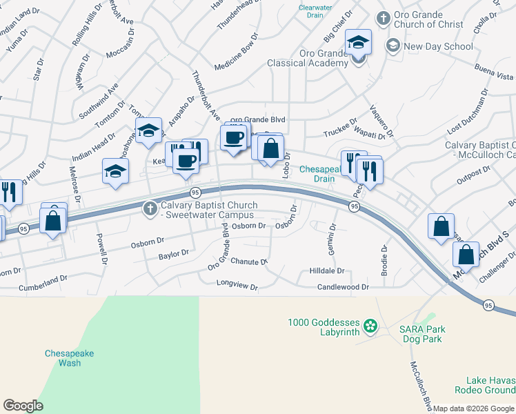 map of restaurants, bars, coffee shops, grocery stores, and more near 3210 Sweetwater Avenue in Lake Havasu City