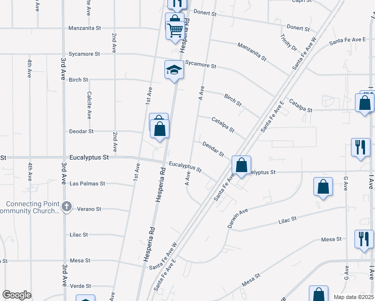map of restaurants, bars, coffee shops, grocery stores, and more near 11324 A Avenue in Hesperia