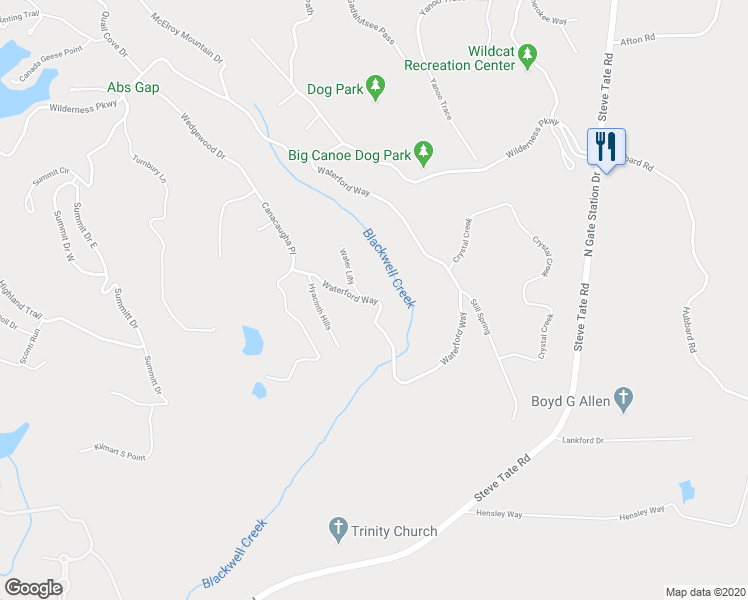 map of restaurants, bars, coffee shops, grocery stores, and more near Waterford Way in Pickens County