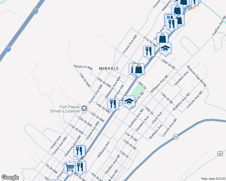 map of restaurants, bars, coffee shops, grocery stores, and more near 206 16th Street Northwest in Fort Payne