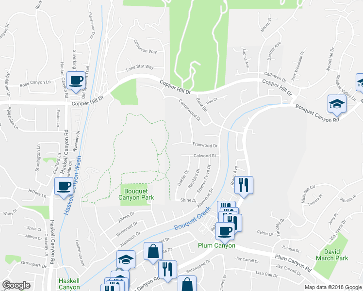 map of restaurants, bars, coffee shops, grocery stores, and more near 20922 Franwood Drive in Santa Clarita